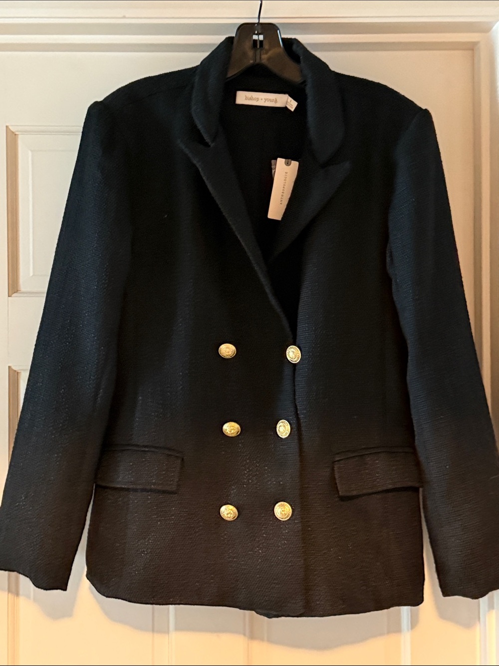 Bishop + Young from Anthropologie Black Double-Breasted Blazer with Gold Buttons